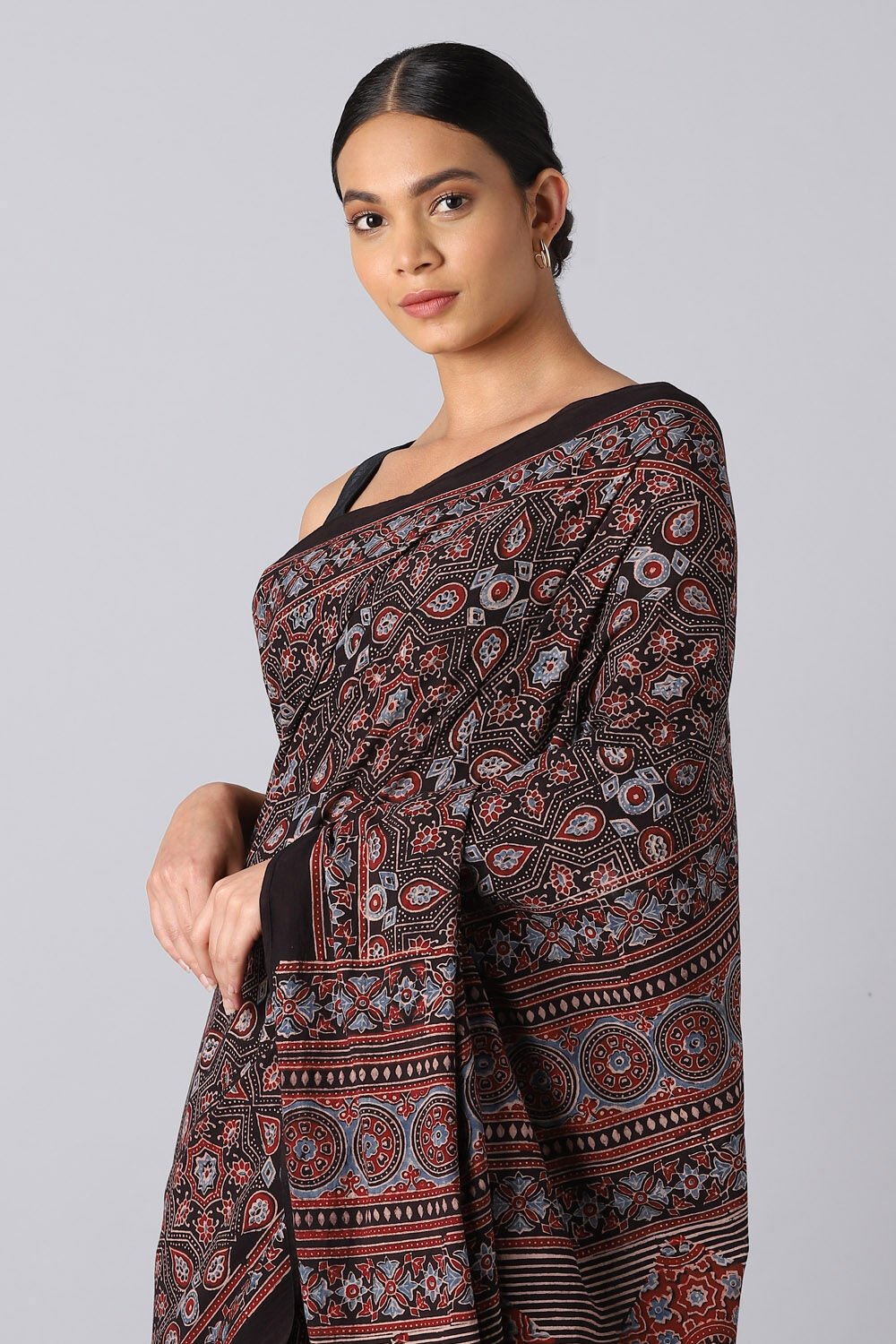 Black Pure Cotton Ajrakh Printed Saree image number null