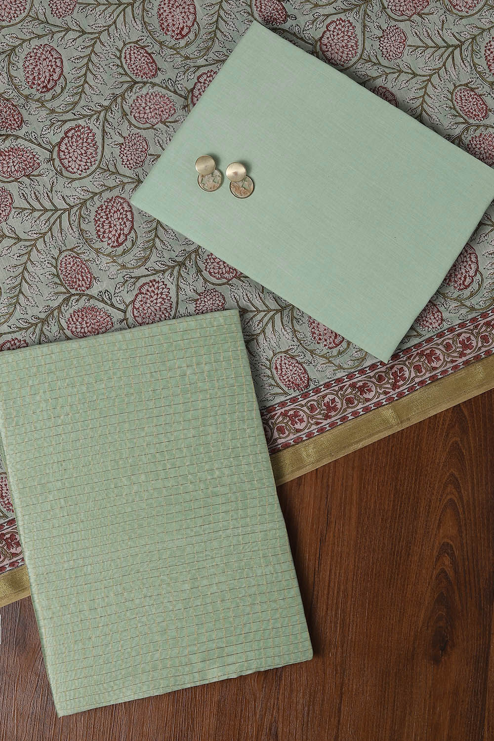 Light Green Silk Cotton Embroidered Unstitched Suit Set image number null