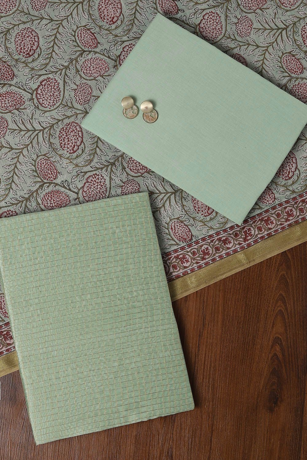 Light Green Silk Cotton Embroidered Unstitched Suit Set image number null