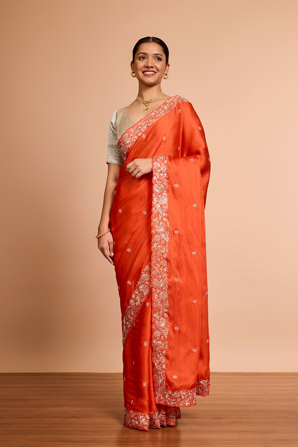 Orange Viscose Satin Embroidered Saree image number null