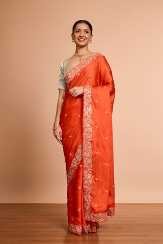 Orange Viscose Satin Embroidered Saree thumbnail image number null
