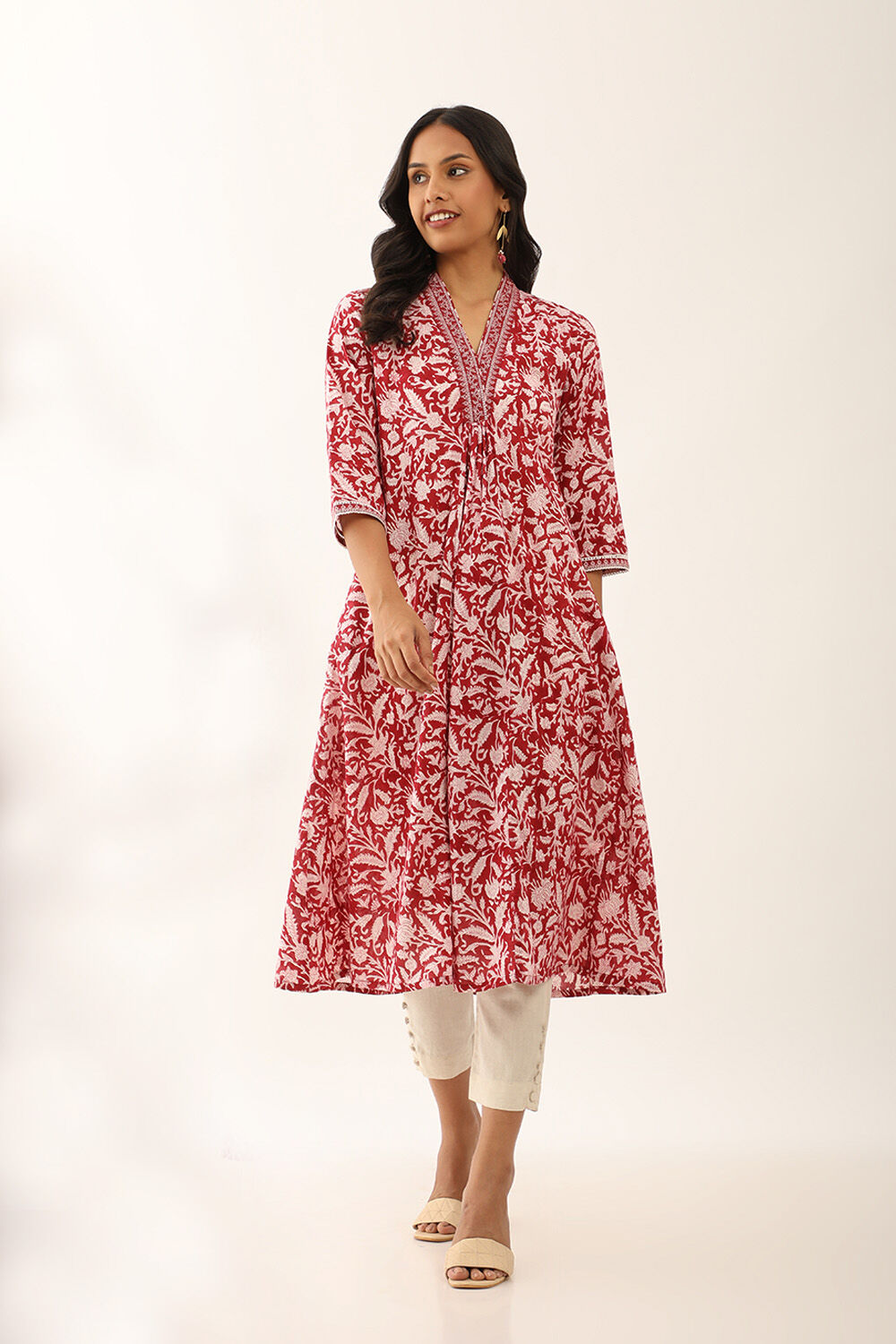 Red Cotton Printed Embroidery Kurta image number null