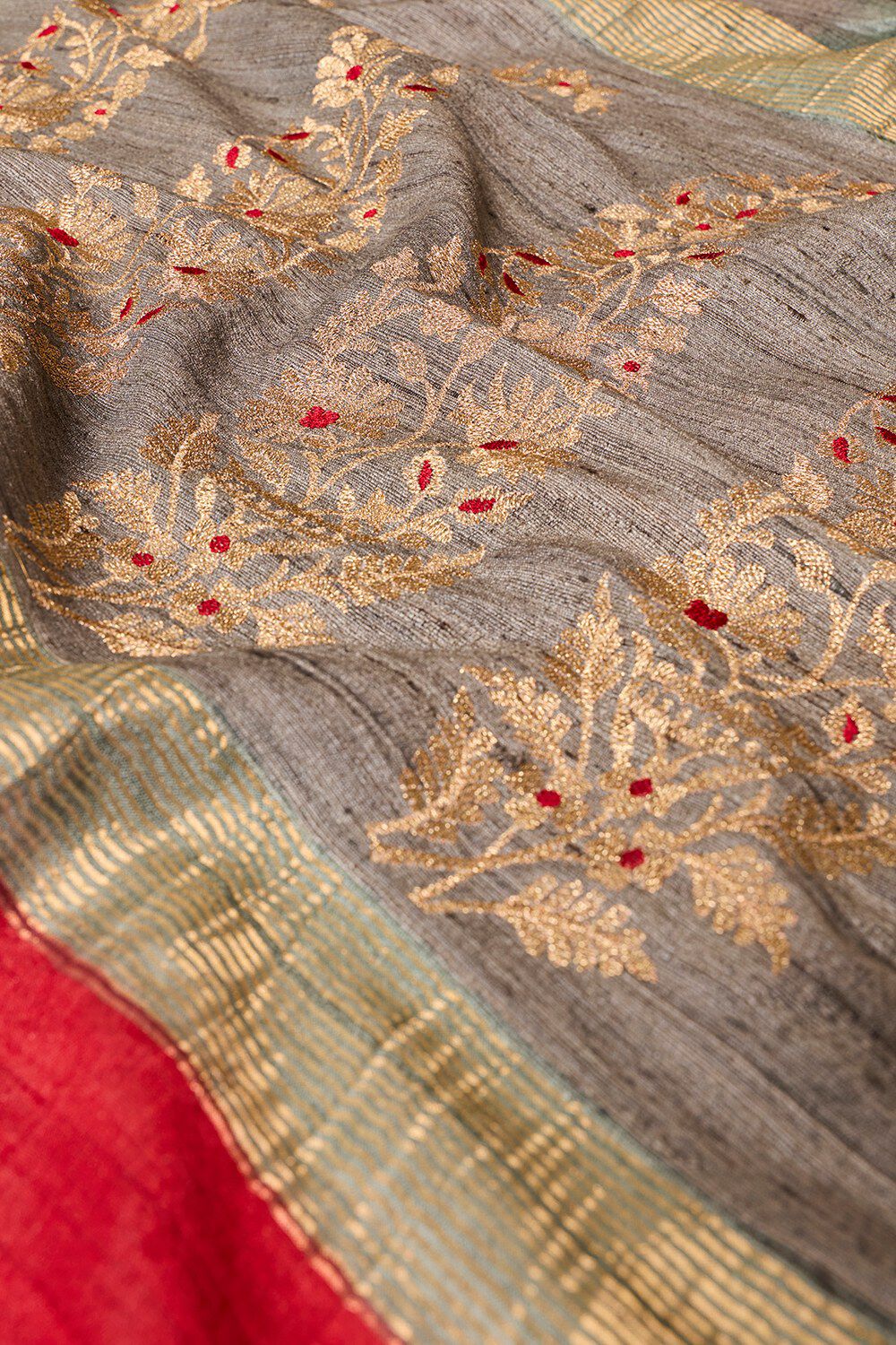 Grey Pure Tussar Silk Embroidered Saree image number null
