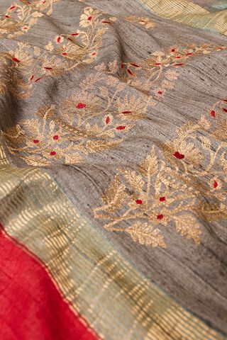 Grey Pure Tussar Silk Embroidered Saree thumbnail image number null