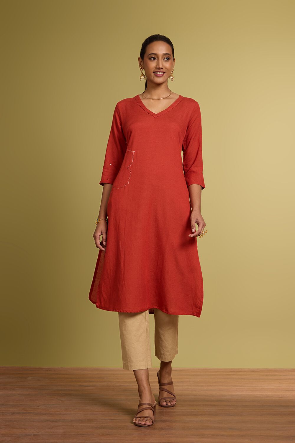 Orange Viscose Cotton Embroidered Kurta image number null
