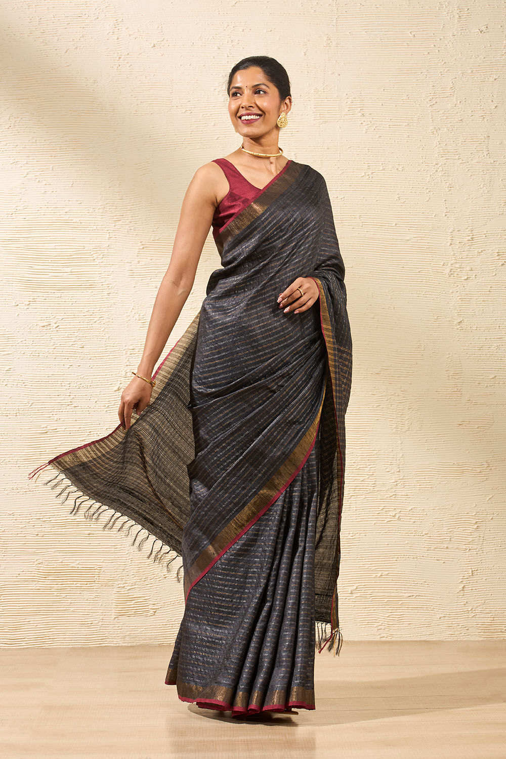 Black Bhagalpur Woven Pure Tussar Silk Saree image number null