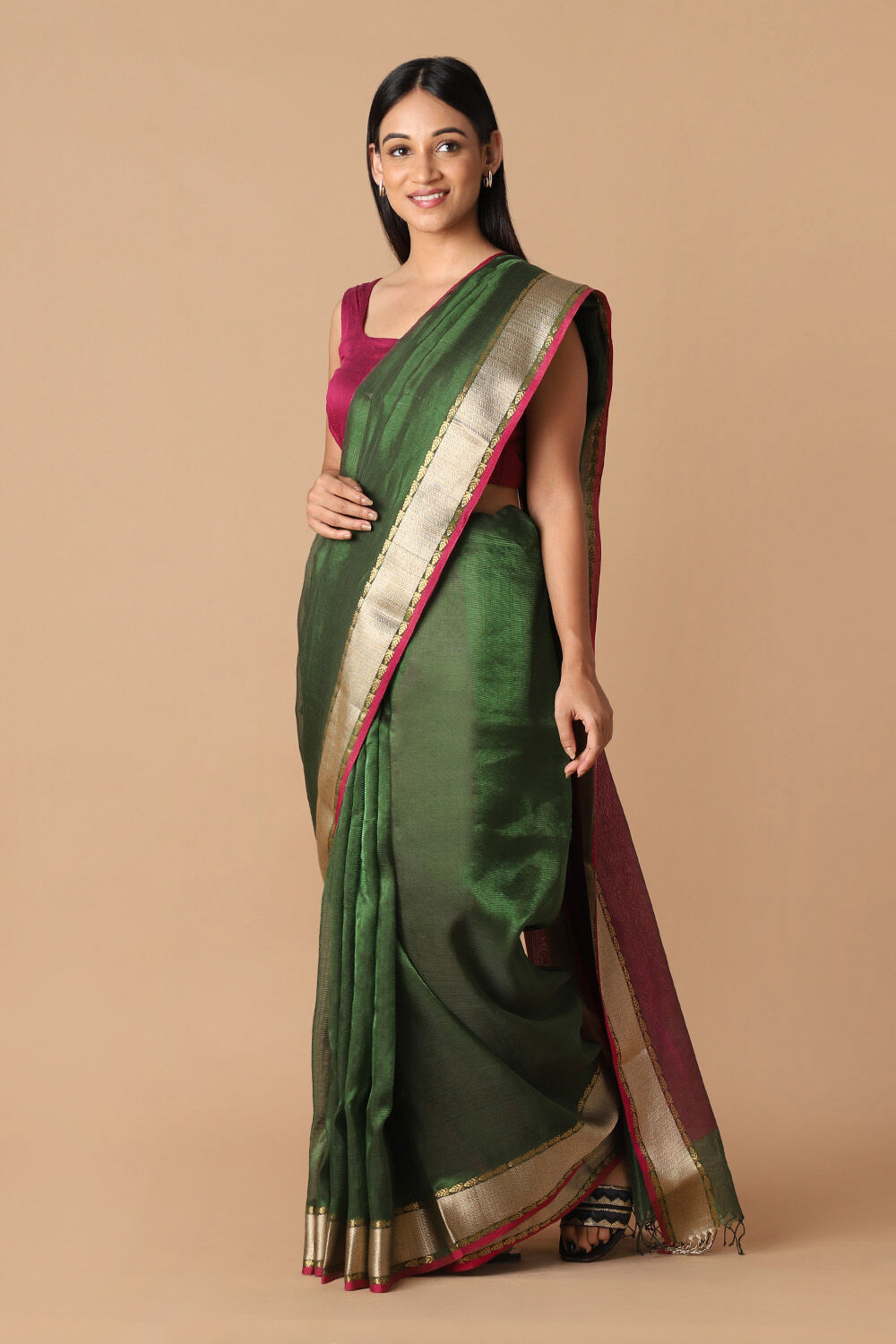 Dark Green Pure Tissue Silk Maheswari Saree image number null
