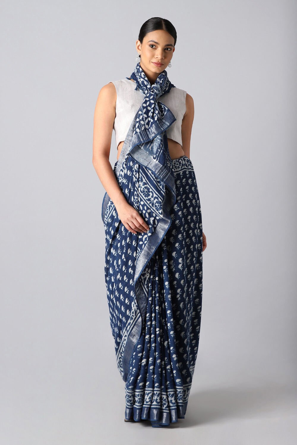 Dark Blue Pure Cotton Linen Bagru Printed Saree image number null
