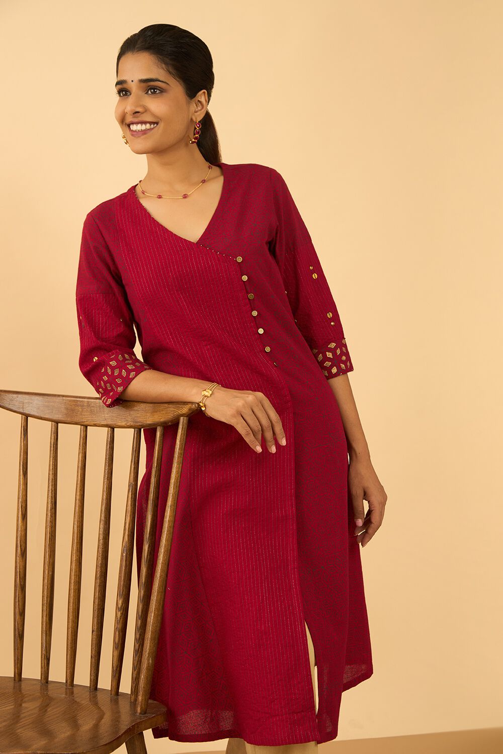 Dark Red Screen Printed Pure Cotton Kurta image number null