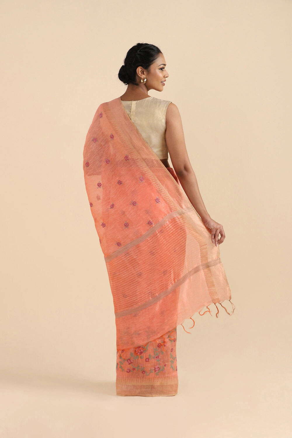 Light Orange Pure Silk Linen Embroidered Saree image number null