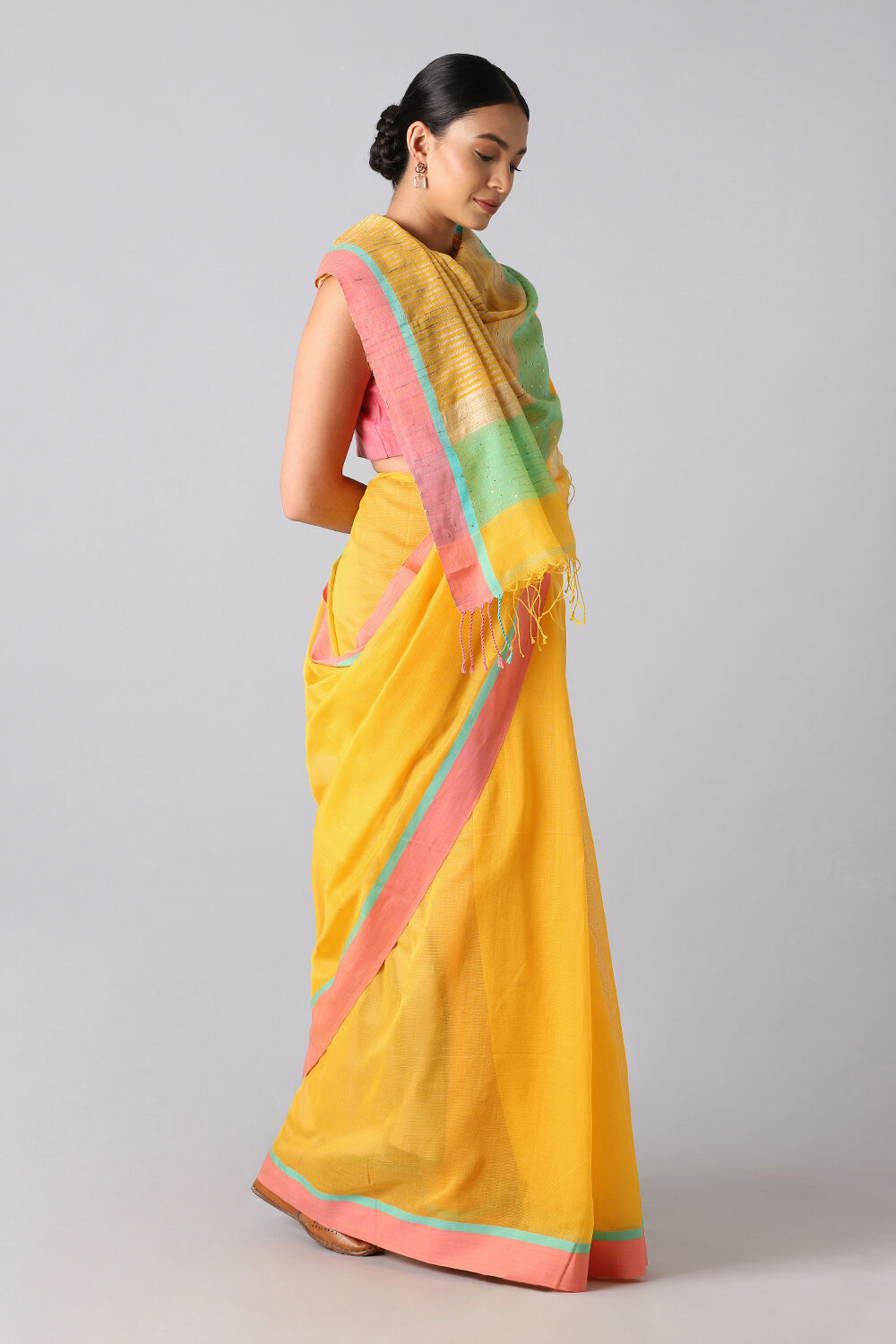 Yellow Pure Silk Cotton Bengal Saree image number null