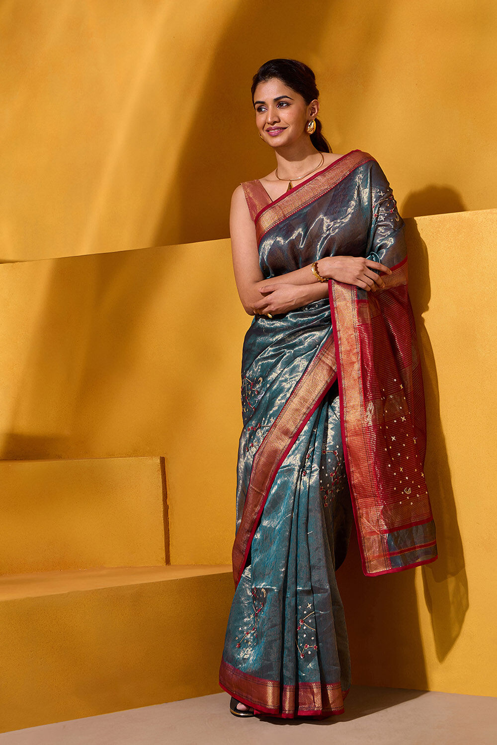 Blue Pure Silk Tissue Embroidered Saree image number null