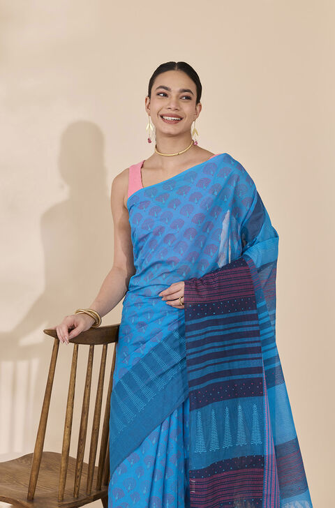 Blue Rajasthan Pure Cotton Printed Sanganeri Saree