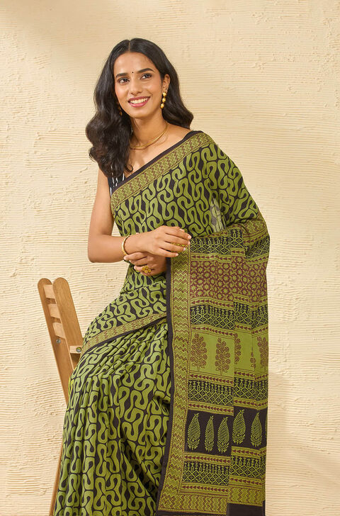 Light Green Bagh Block Printed Pure Cotton Saree