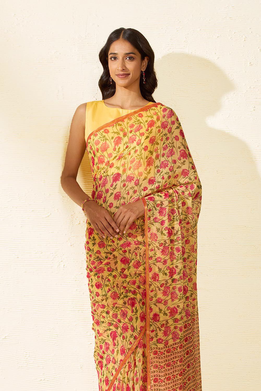 Yellow Screen Printed Viscose Chiffon Saree image number null