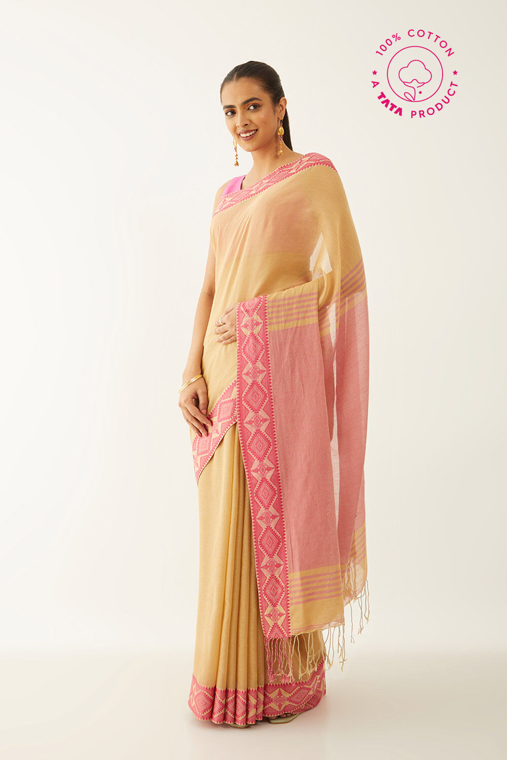 Beige Pure Cotton Woven Design Bengali Saree image number null