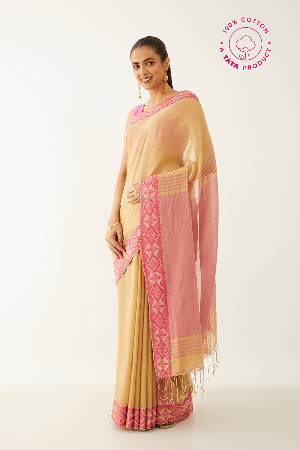 Beige Pure Cotton Woven Design Bengali Saree image number null