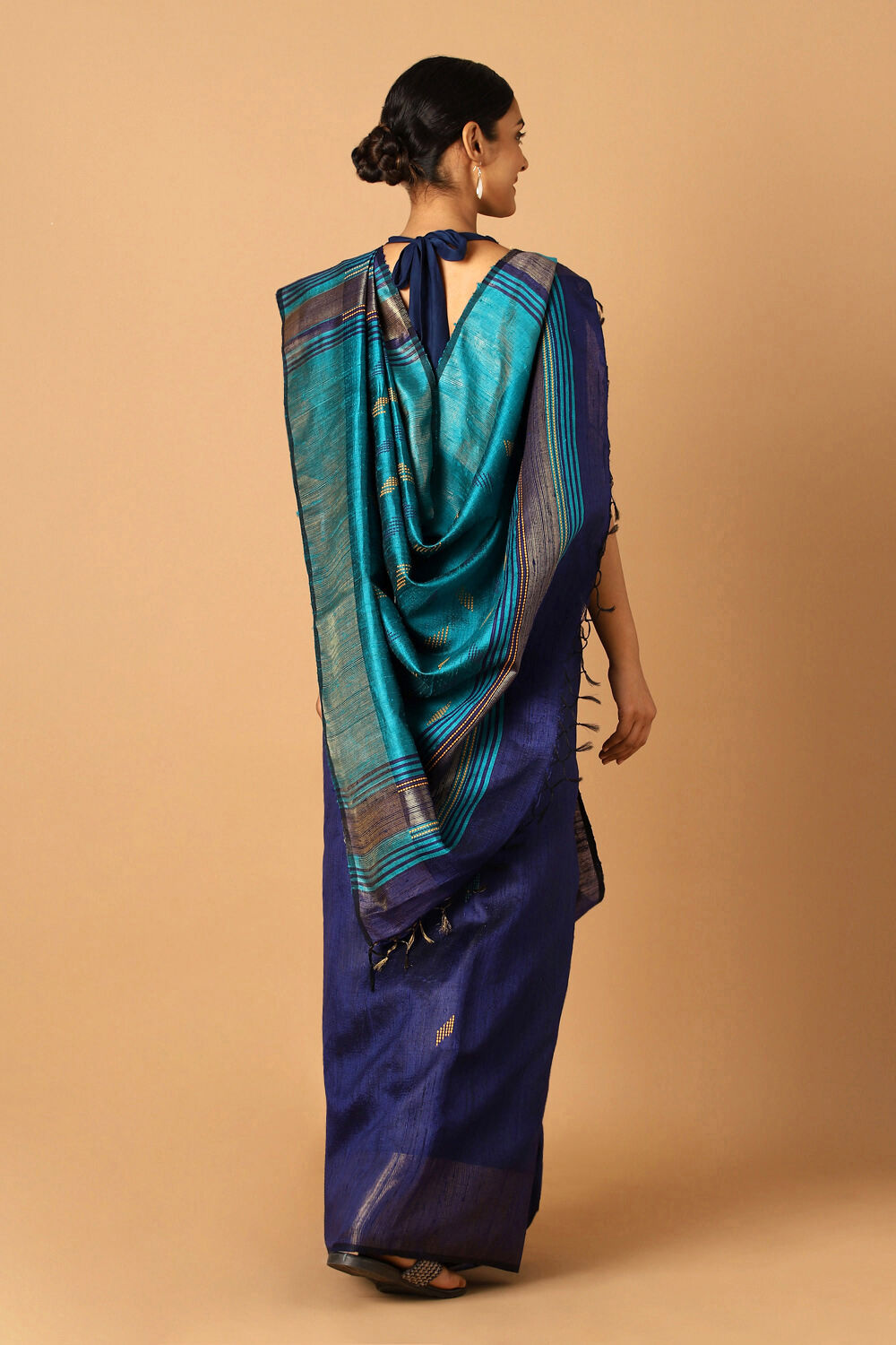 Dark Blue Pure Tussar Silk Bhagalpuri Saree image number null