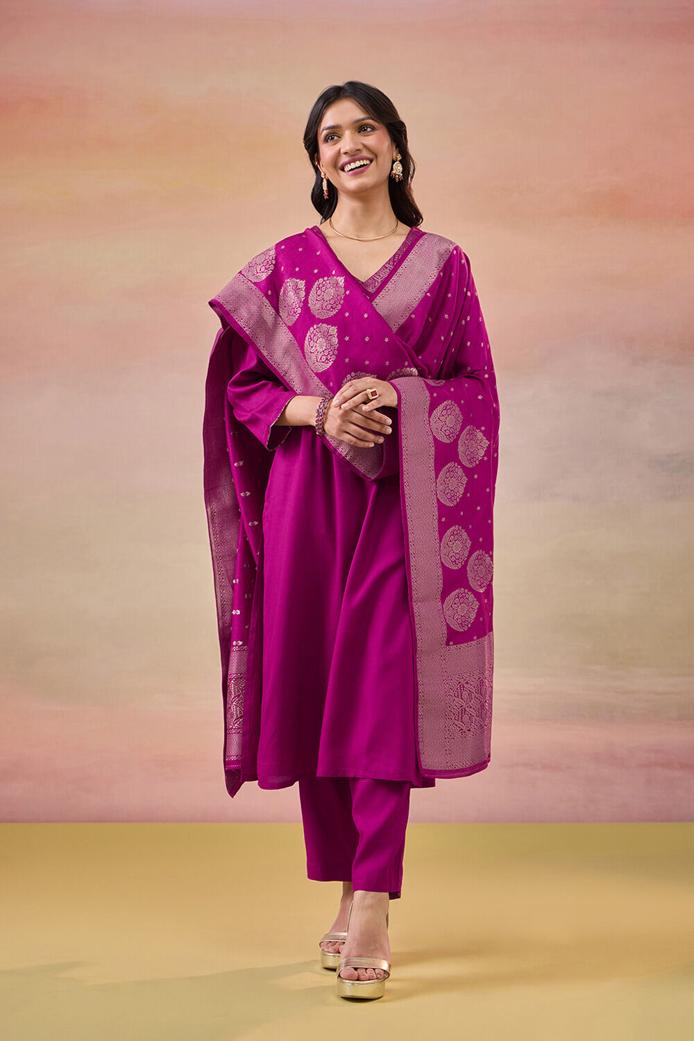 Violet Brocade Pure Viscose Kurta Set image number null