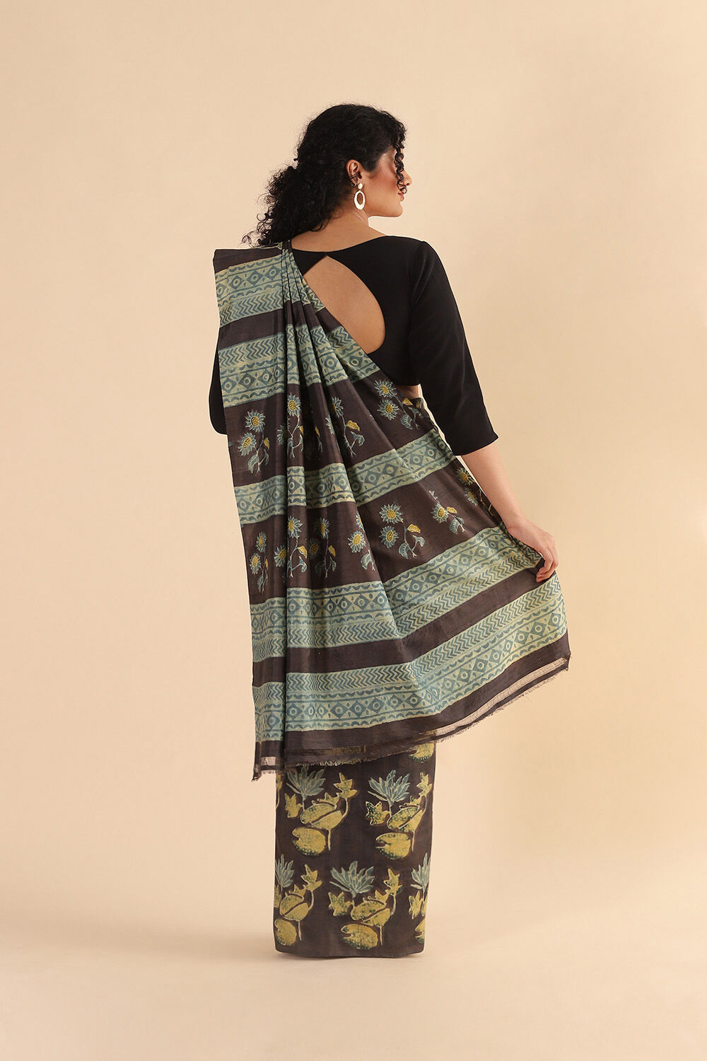 Black Pure Silk Ajrakh Printed Saree image number null