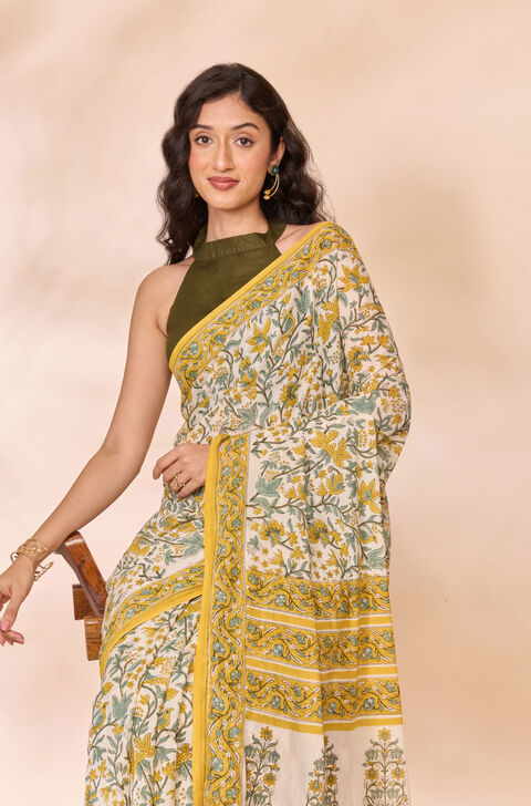 Off White Rajasthan Pure Cotton Printed Sanganeri Saree