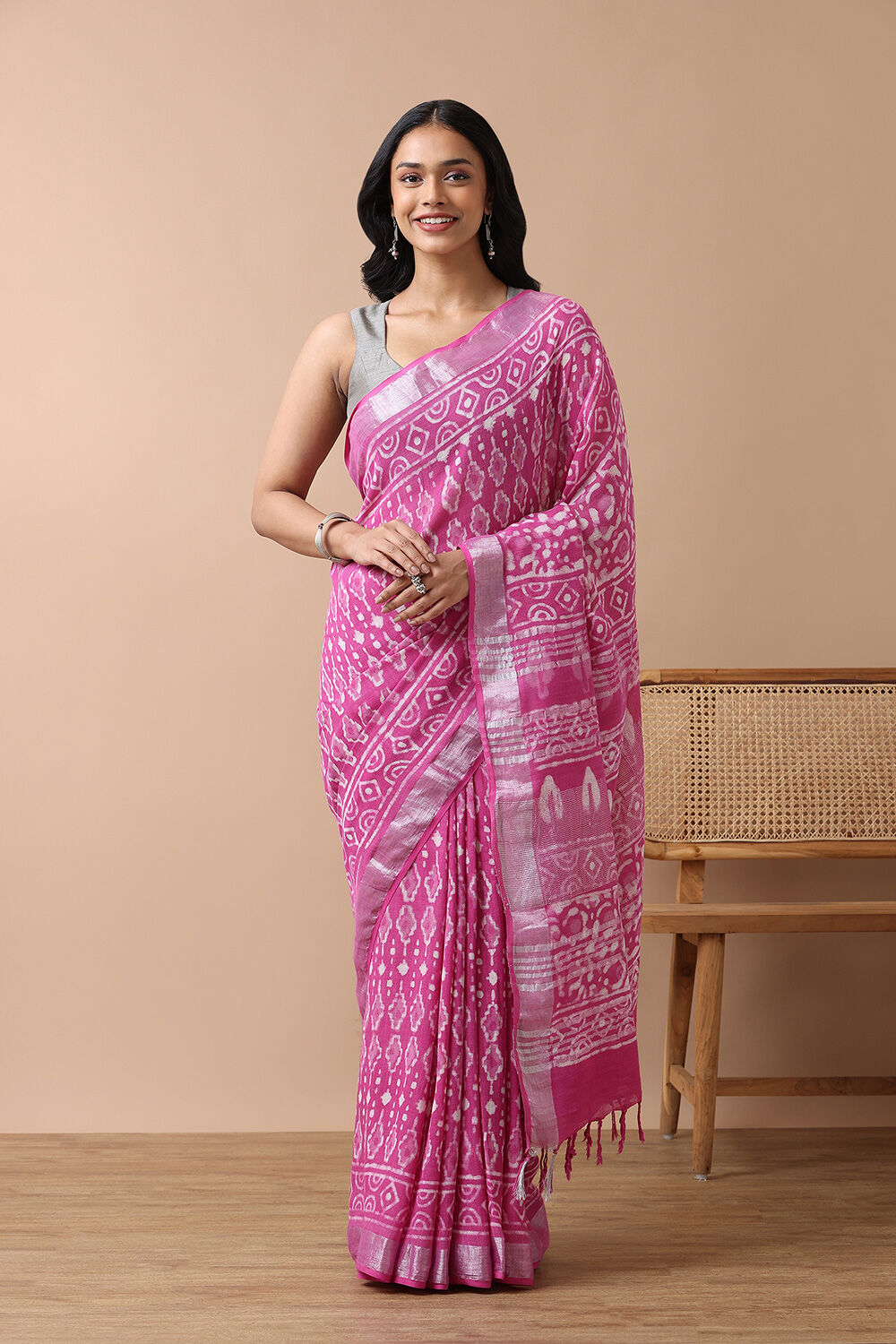 Light Pink Cotton Viscose Rajasthan Block Printed Saree image number null