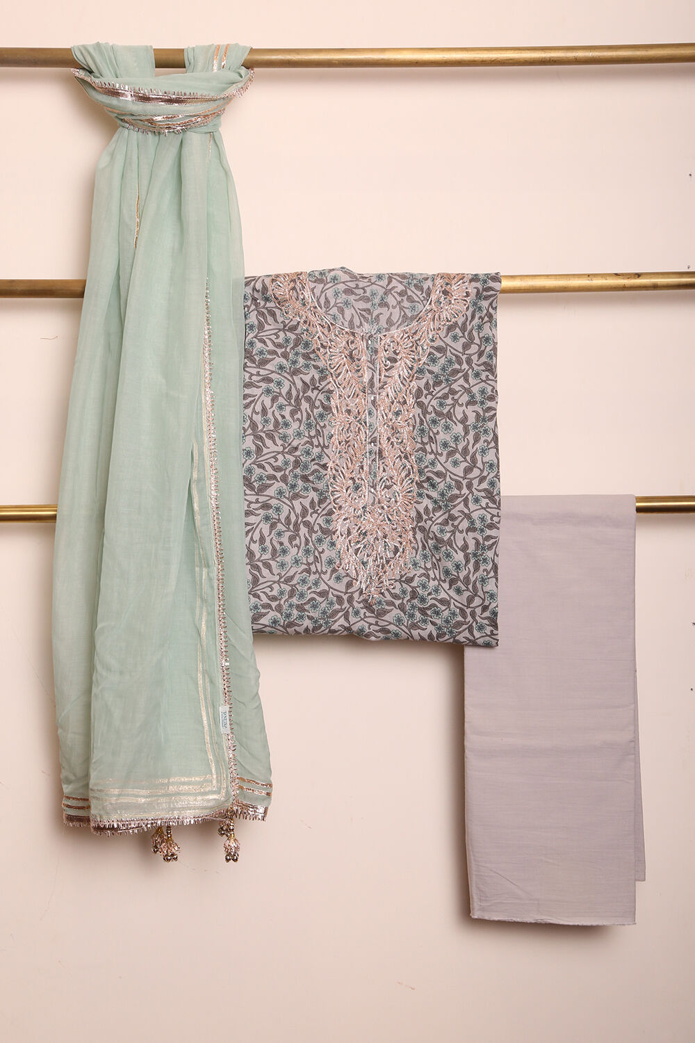 Grey Printed Pure Cotton Suit Set image number null