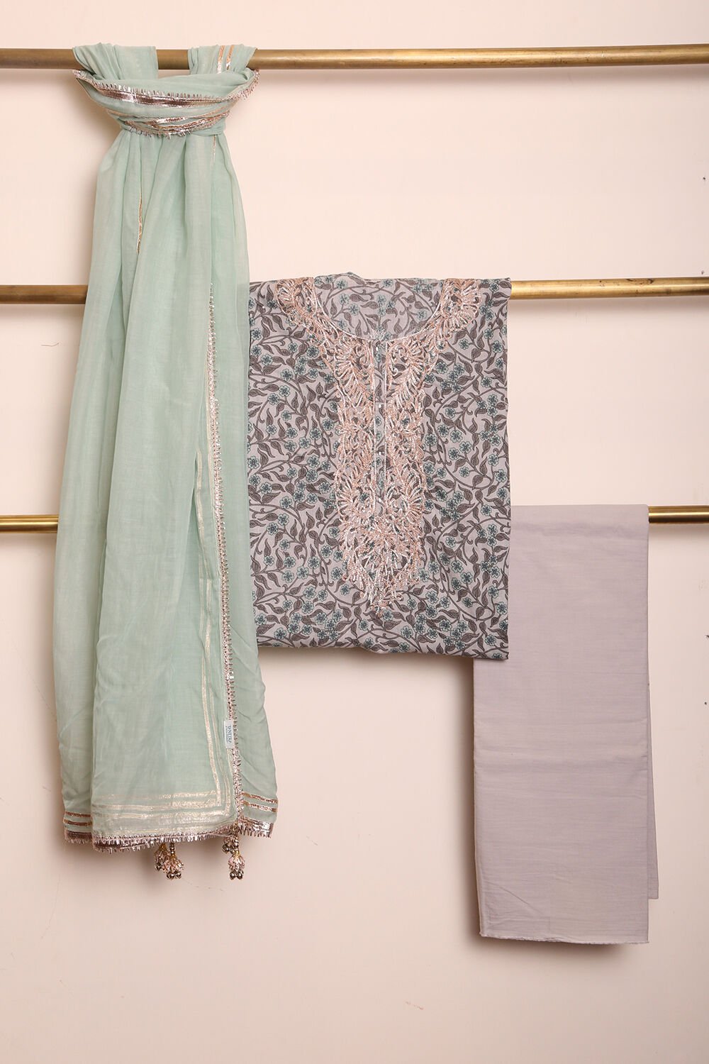 Grey Printed Pure Cotton Suit Set image number null