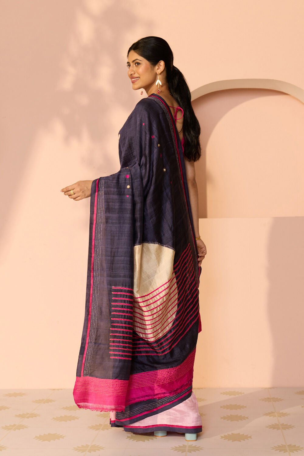 Dark Blue Bengal Pure Silk Hand Painted Saree image number null