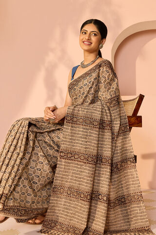 Beige Printed Kalamkari Machilipatnam Pure Cotton Saree image number