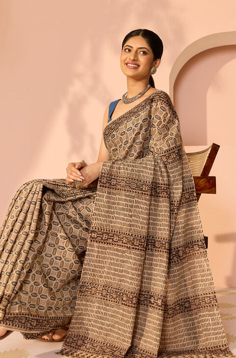 Beige Printed Kalamkari Machilipatnam Pure Cotton Saree