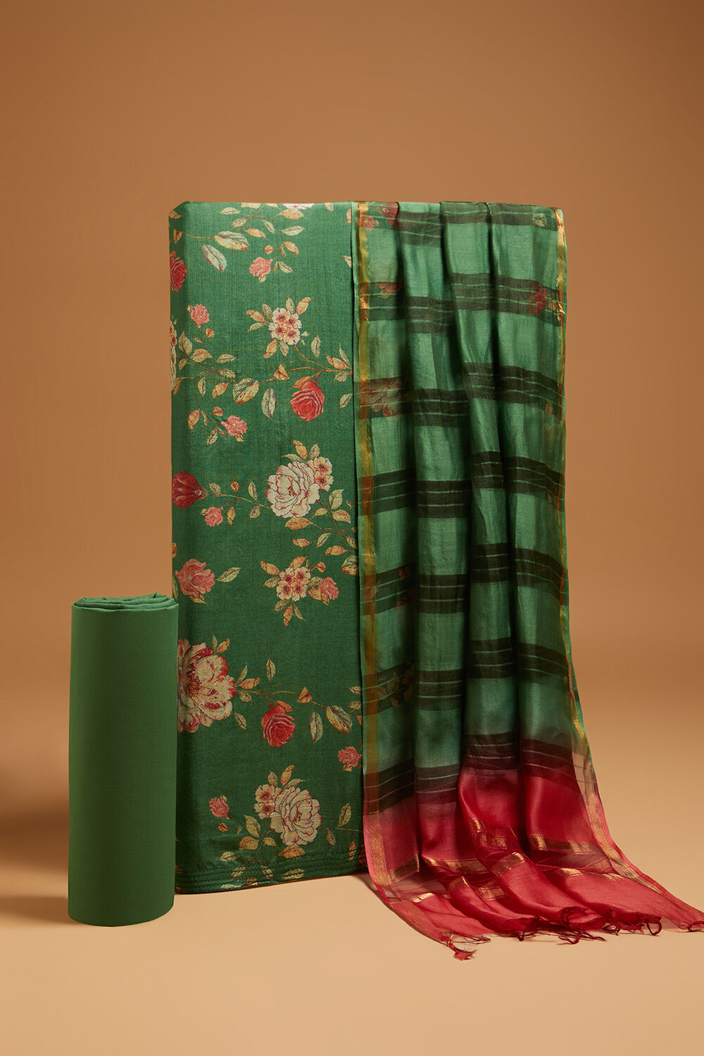Dark Green Printed Pure Tussar Silk Unstitched Suit Set image number null