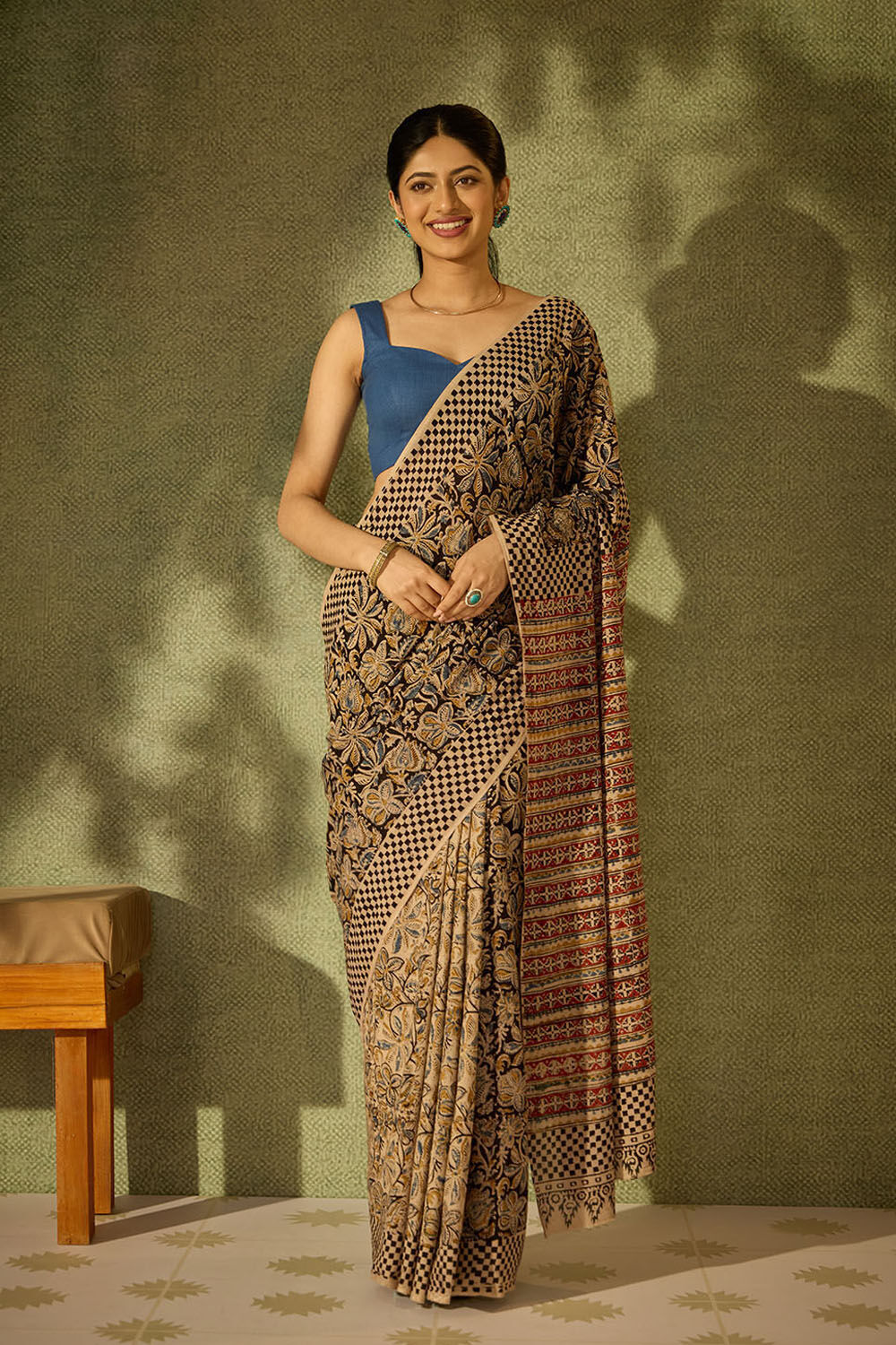 Black Printed Kalamkari Machilipatnam Pure Cotton Saree image number null