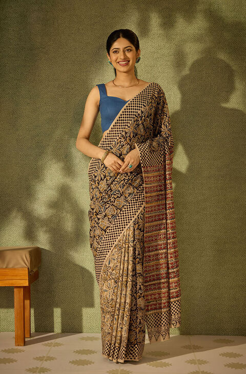 Black Printed Kalamkari Machilipatnam Pure Cotton Saree