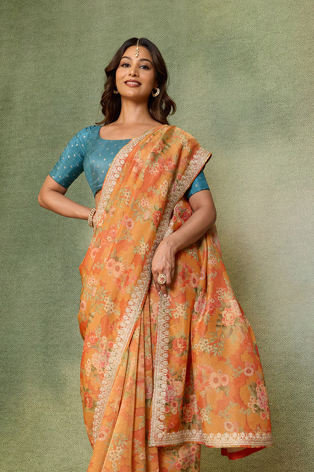 Orange Viscose Tissue Embroidered Saree image number null