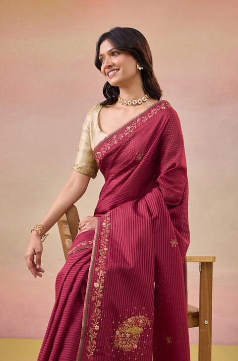 Dark Red Pure Silk Cotton Embroidered Saree