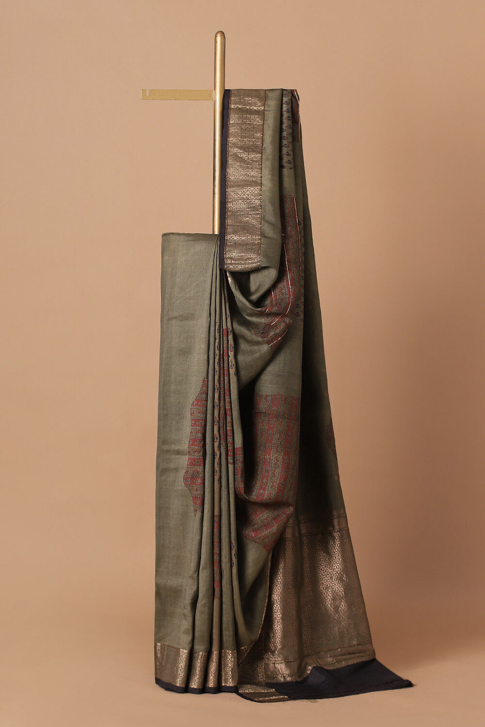 Grey Pure Silk Tussar Bagru Print and Zardosi Embroidered Saree image number null