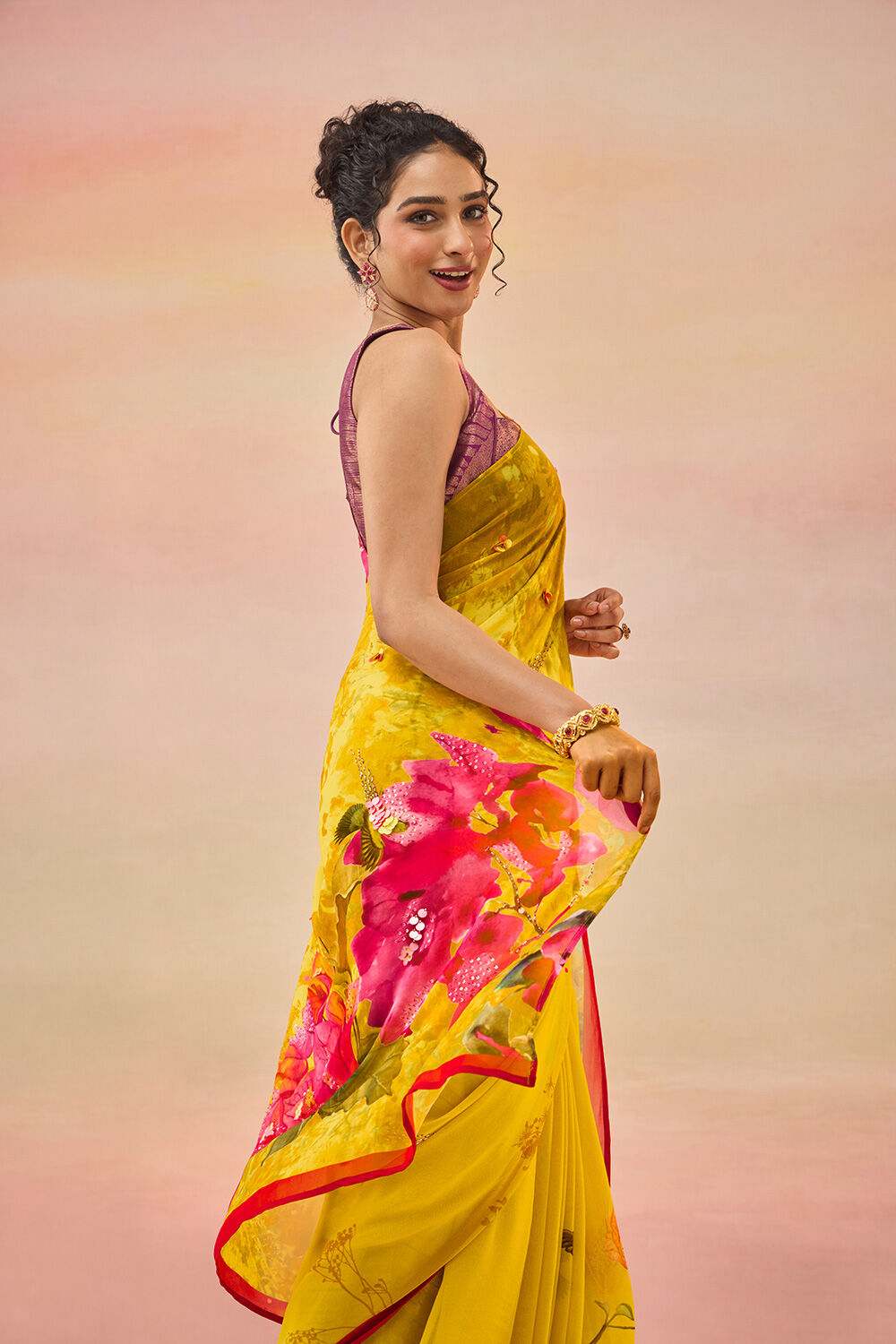 Yellow Bengal Printed Embroidered Viscose Georgette Saree image number null