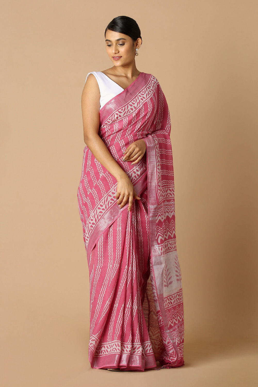 Light Pink Pure Cotton Linen Bagru Printed Saree image number null