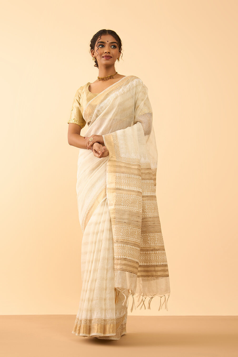 Off White Pure Silk Block Printed Bengal Saree image number null