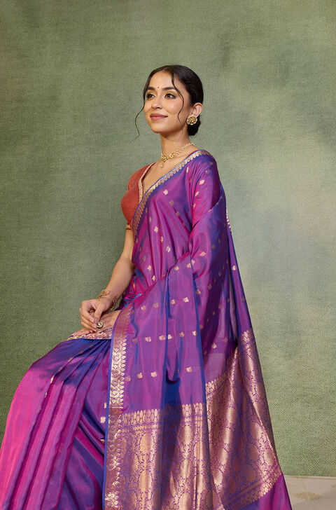 Purple Silk Viscose Cutwork Banarasi Inspired Design Saree