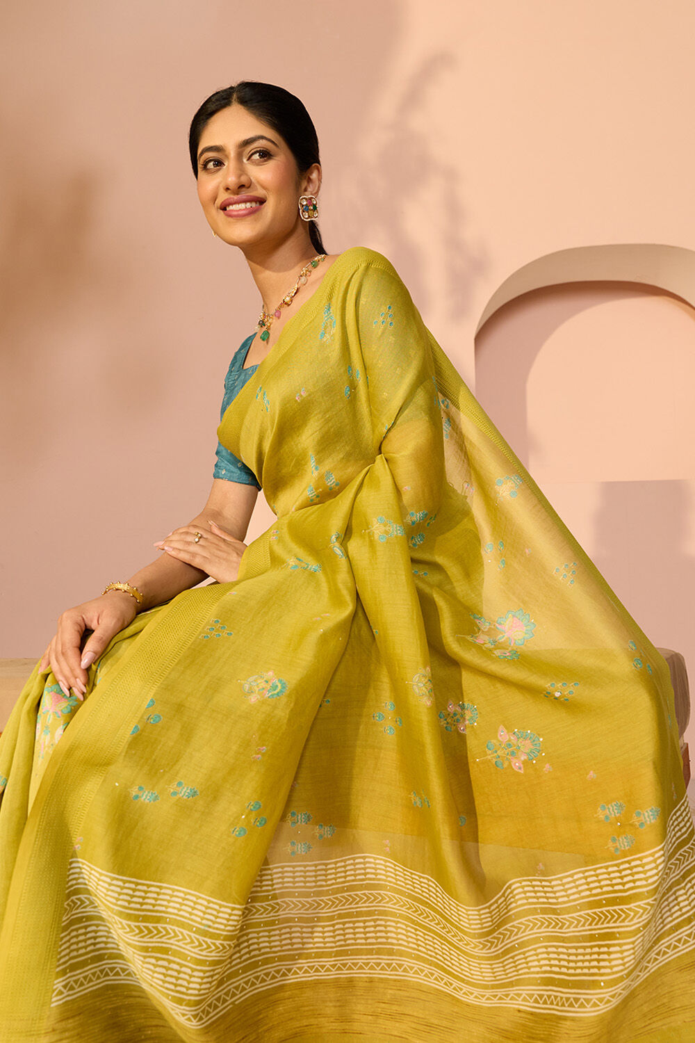 Green Mukaish Pure Silk Cotton Saree image number null