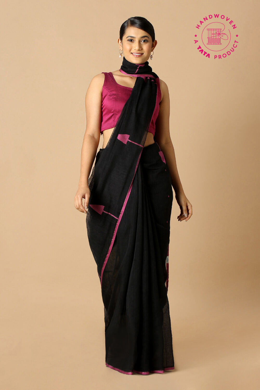 Black Pure Silk Cotton Jamdani Saree image number null