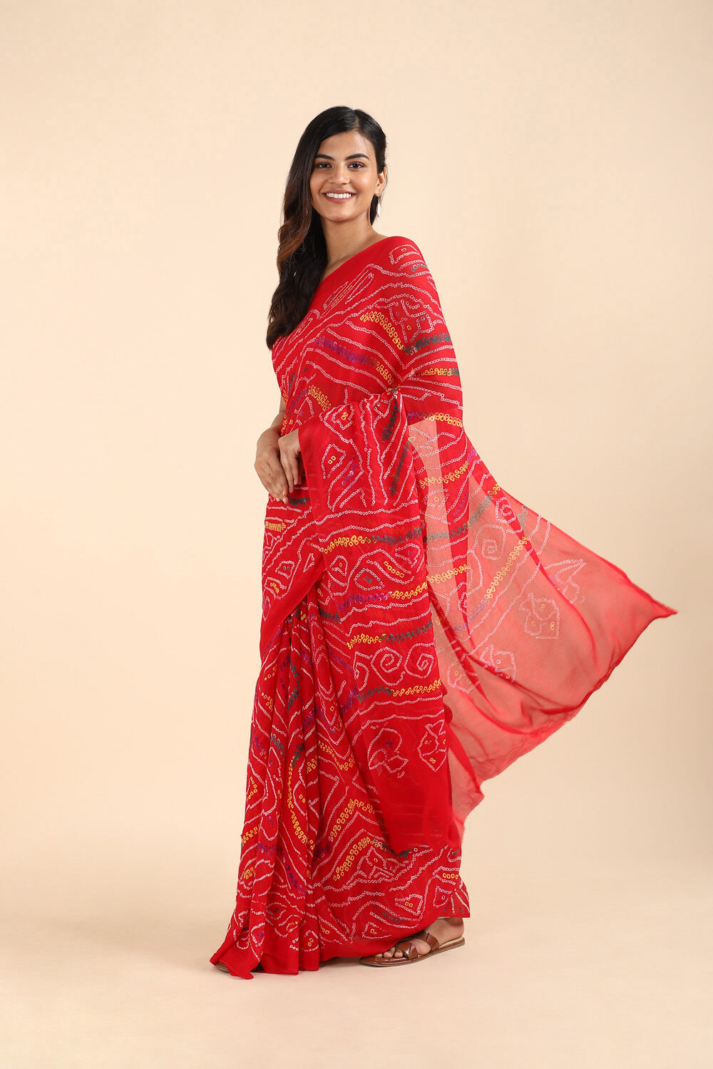 Red Pure Georgette Bandhani Saree image number null