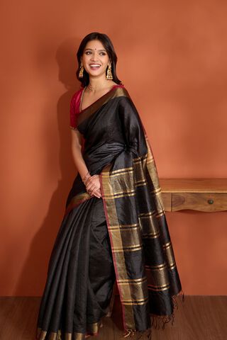 Black Pure Tussar Silk Bhagalpur Woven Saree image number
