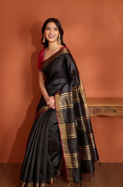 Black Pure Tussar Silk Bhagalpur Woven Saree