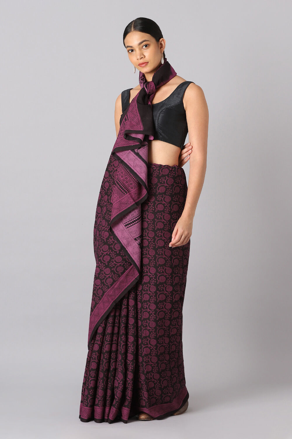Black Pure and Violet Cotton Bagh Saree image number null