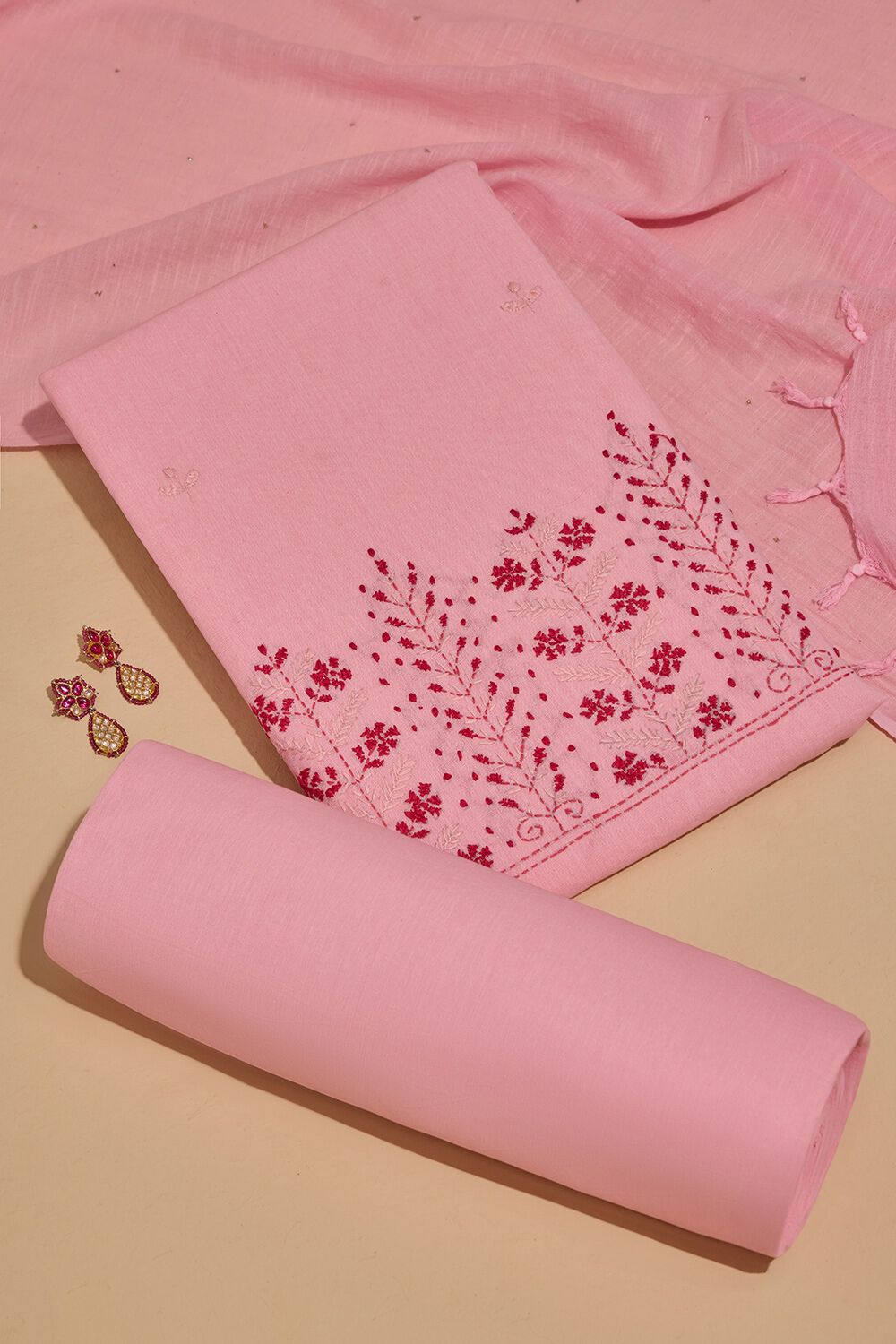 Light Pink Pure Cotton Embroidered Unstitched Suit Set image number null