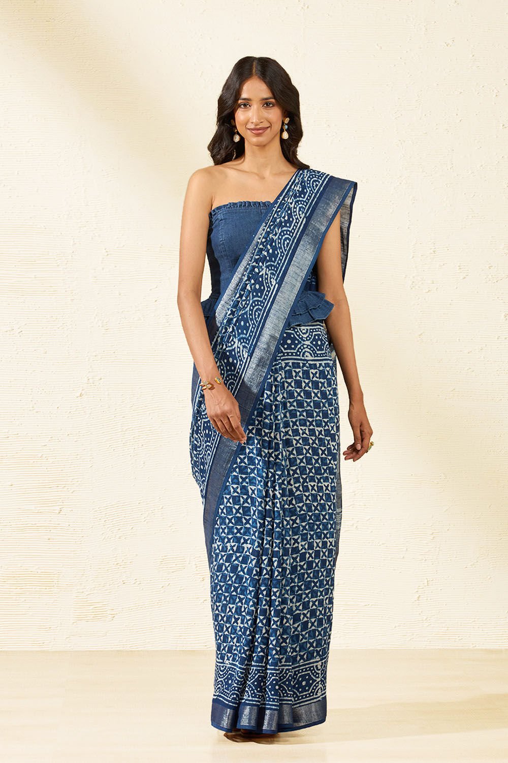 Blue Block Printed Cotton Viscose Saree image number null