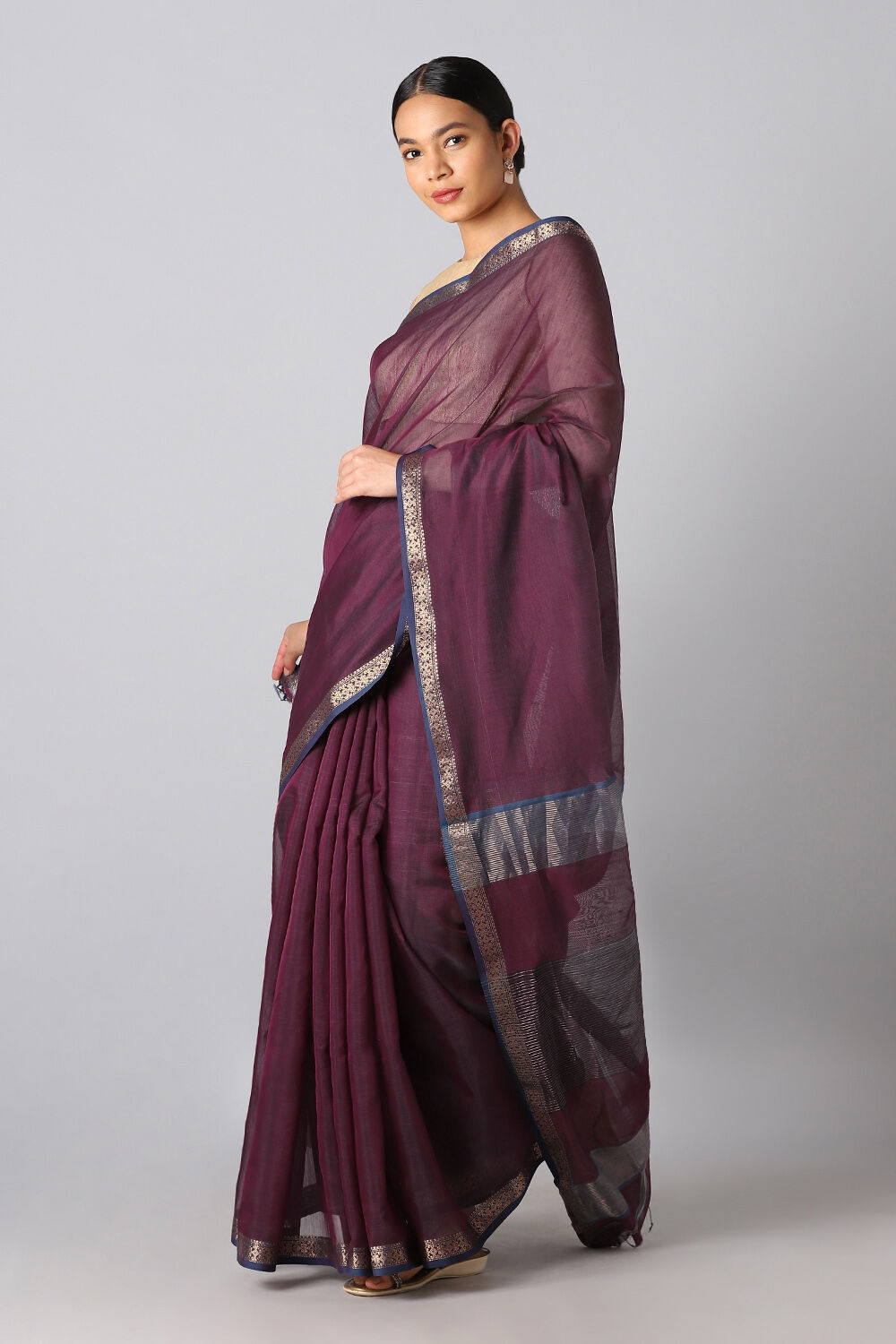 Dark Purple Pure Silk Cotton Maheswari Saree image number null